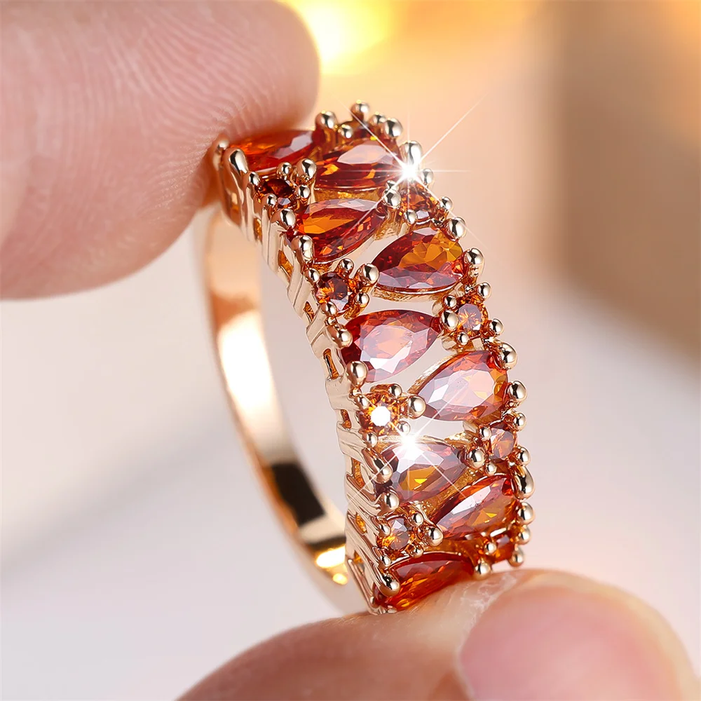 Red Zircon Pear Cut Stone Water Drop Rings For Women Vintage Gold Color Engagement Ring Wedding Jewelry Bridal Birthday Gifts