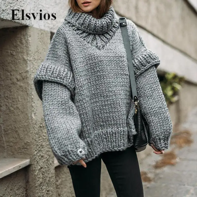 

Fall Elegant Turtleneck Solid Knitted Jumper Femme Fashion Long Sleeve Loose Pullover Top Women Casual Warm Winter Thick Sweater