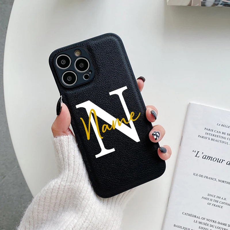 thumbnail image 1 of Custom Name Case For iPhone X XR XS 15 11 13 12 Mini 14 Pro 11Pro 14Pro Max 7 8 Plus ProMax 8Plus Text Leather Color Back Cover, 1 of 5