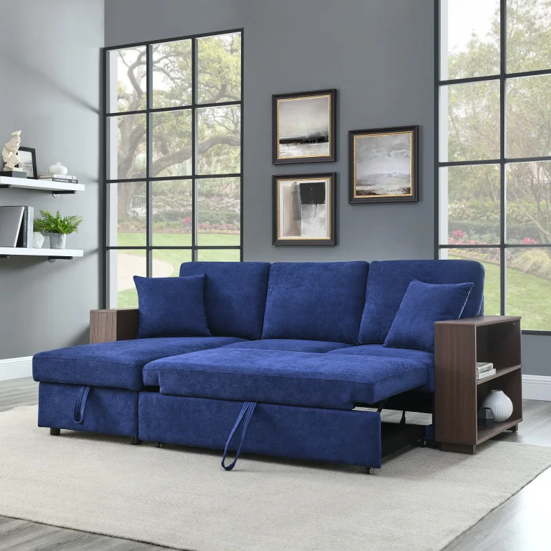 

Sectional Sofa with Pulled Out Bed, 2 Reversible Chaise with Storage, Two Pillows, Navy Blue, (88" x52" x 34")