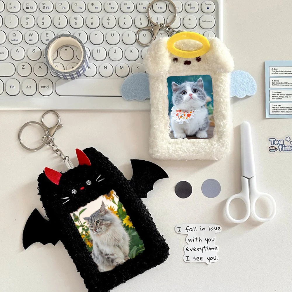 

INS Soft Plush Photocard Holder Cartoon Devil Angel ID Credit Card Cover Case With Keychain Bag Pendant School Stationery