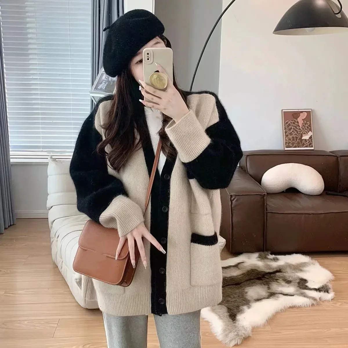 

Sweaters for Women Autumn/Winter V-Neck Long Sleeve Patchwork Knitted Cardigan Coat Pockets Sweater Women Tops Women Clothing