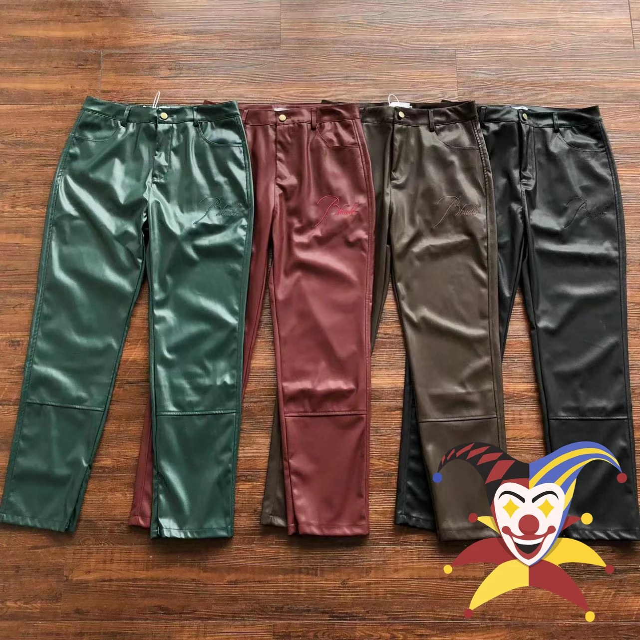 

Embroidery Logo Rhude Leather Pants For Men Women Jogger Casual Zipper Splicing PU Sweatpants