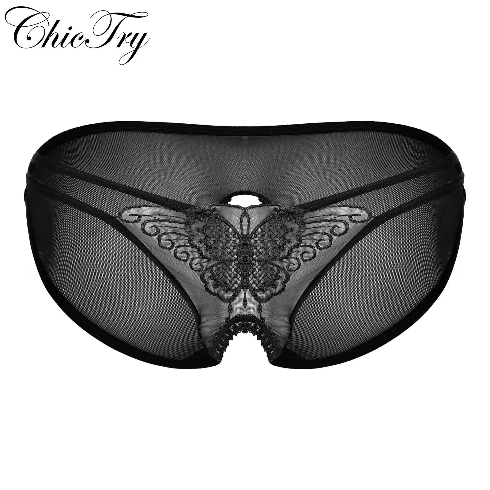 

Mens G-string Briefs Sexy Underwear Embroidery Crotchless Bikini Nightwear See-through Mesh Exotic Panties Low Waist Underpants