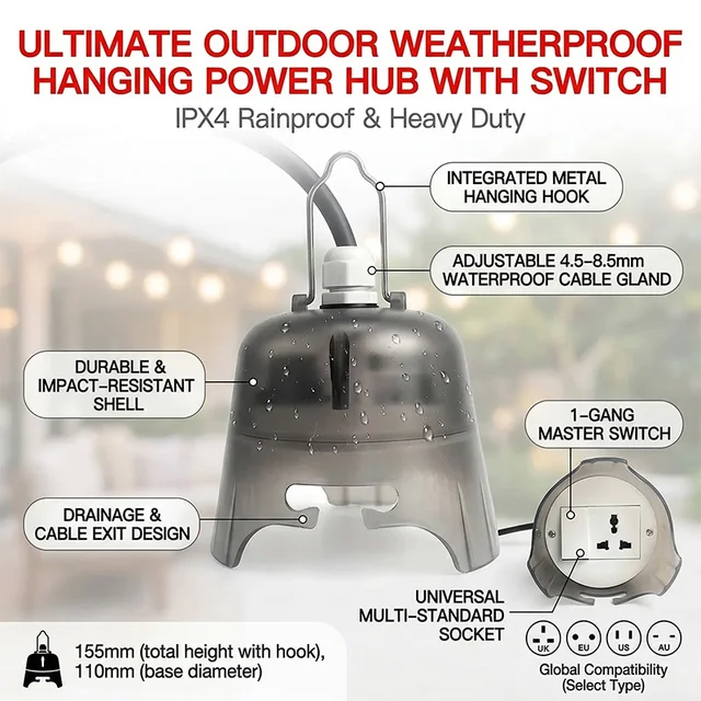 Outdoor Waterproof Electrical Socket Box, Weatherproof Power Outlet with Protective Cover for Garden Patio Wall Installation 1