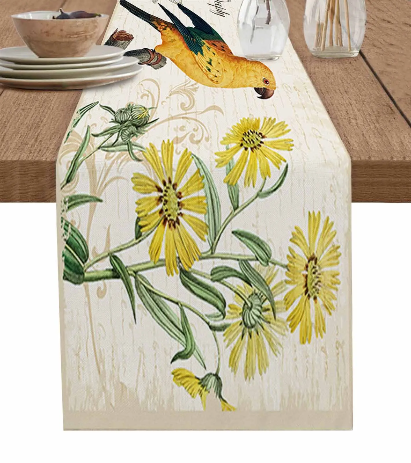 

Yellow Parrot Sunflower Retro Linen Table Runner Kitchen Table Decoration Farmhouse Dining Table Cloth Wedding Party Decor