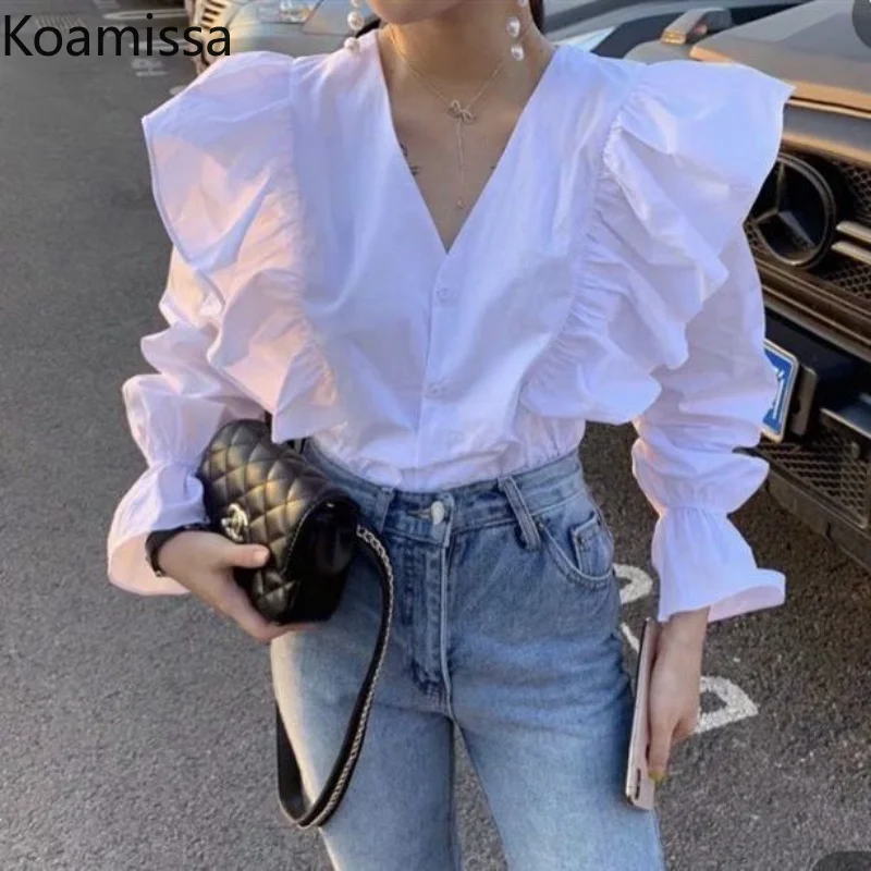 

Koamissa Fashion Solid Shirt Ladies Flare Sleeve V-neck Slim Blouse Korean Chic Single Breasted Shirts 2023 Women Tops De Mujer