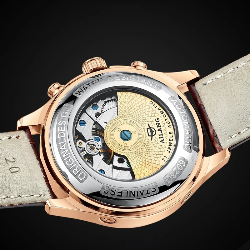 AILANG New Business Mens Mechanical Watches Top Brand Luxury Leather Waterproof Week Calendar Moon Phase Automatic Watch for Men