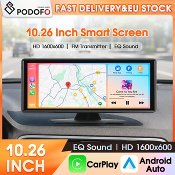Podofo - Reproductor Multimedia para Auto de 10.26 Pulgadas, Inalámbrico, con CarPlay, Android Auto, BT, FM, AUX, Compatible con Mirror Link, Entrada para Cámara de Visión Trasera, Unidad de Navegación Multimedia para Auto 1