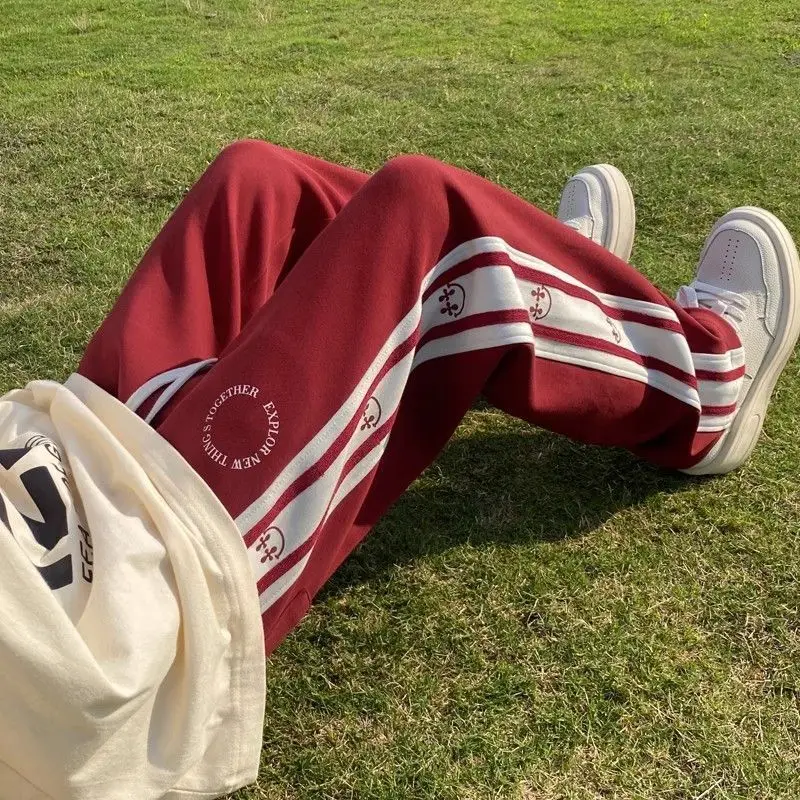 American Vintage Patchwork Contrasting Sports Pants Men's Autumn Print Drawstring Trend Versatile Loose Straight Casual Trousers