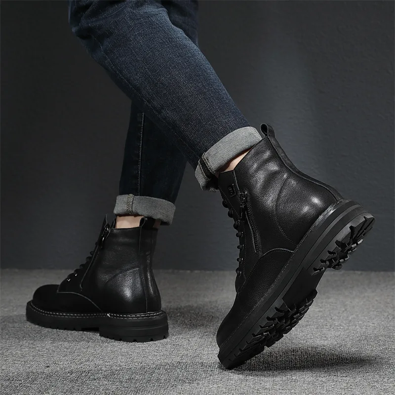 

Men's Lace-up Med Heel Cow Leather Boots Winter Solid Color Keep Warm Non-slip Add Fleece High Side Male Fashion Shoes Hw168