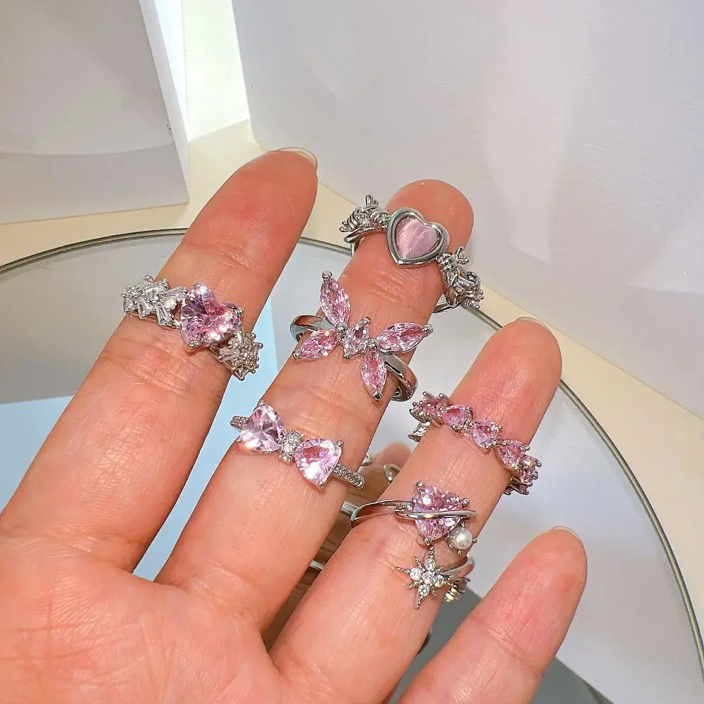 Y2K Pink Crystal Irregular Heart Ring Vintage Shiny Zircon