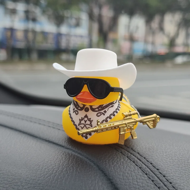 Yellow Duck Cowboy Hat Decoration with Sunglasses and Scarf - Trendy Car Interior Ornament