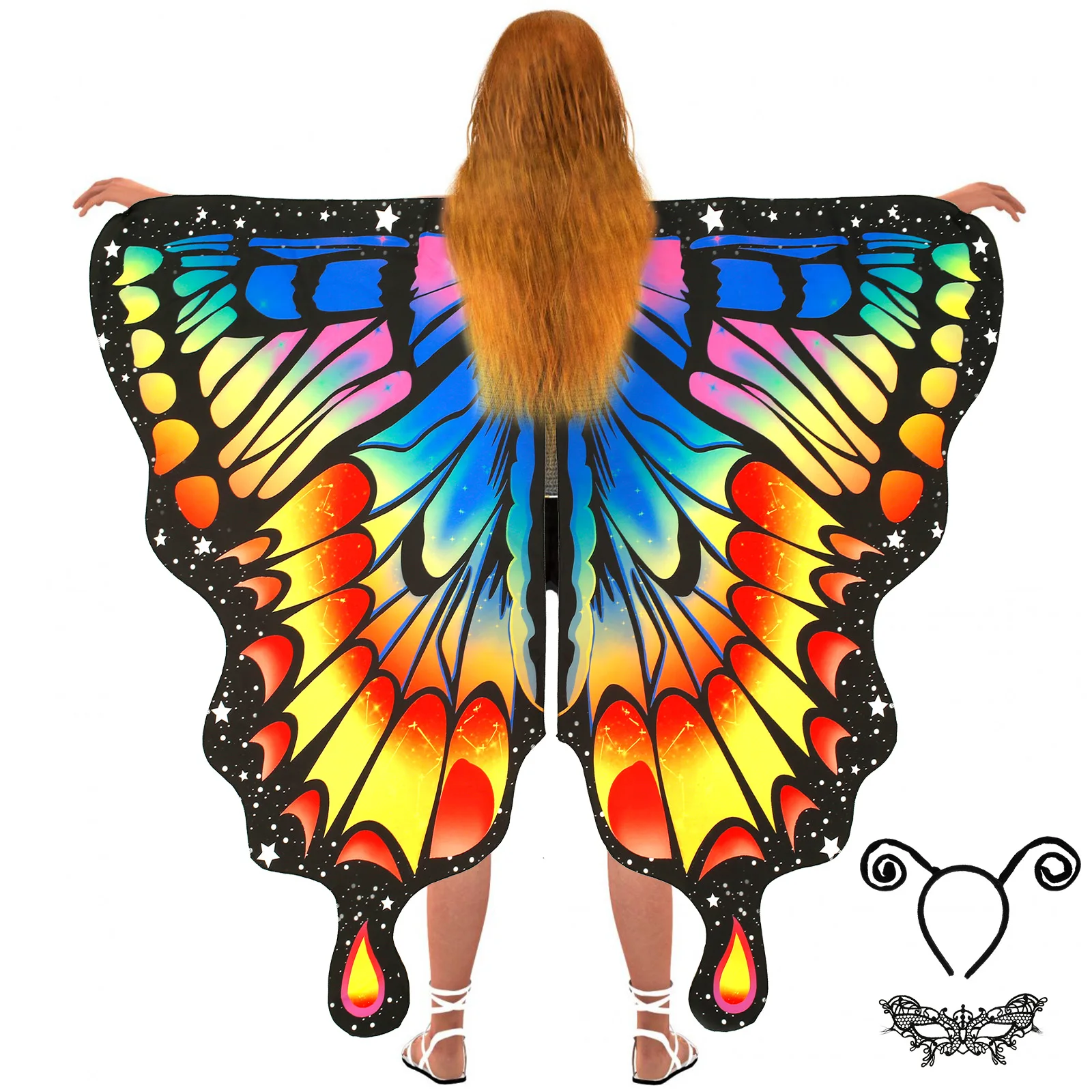 Adult butterfly shawl colorful with adjustable shoulder strap fairy shawl with headband eye mask Christmas Halloween party with eye mask