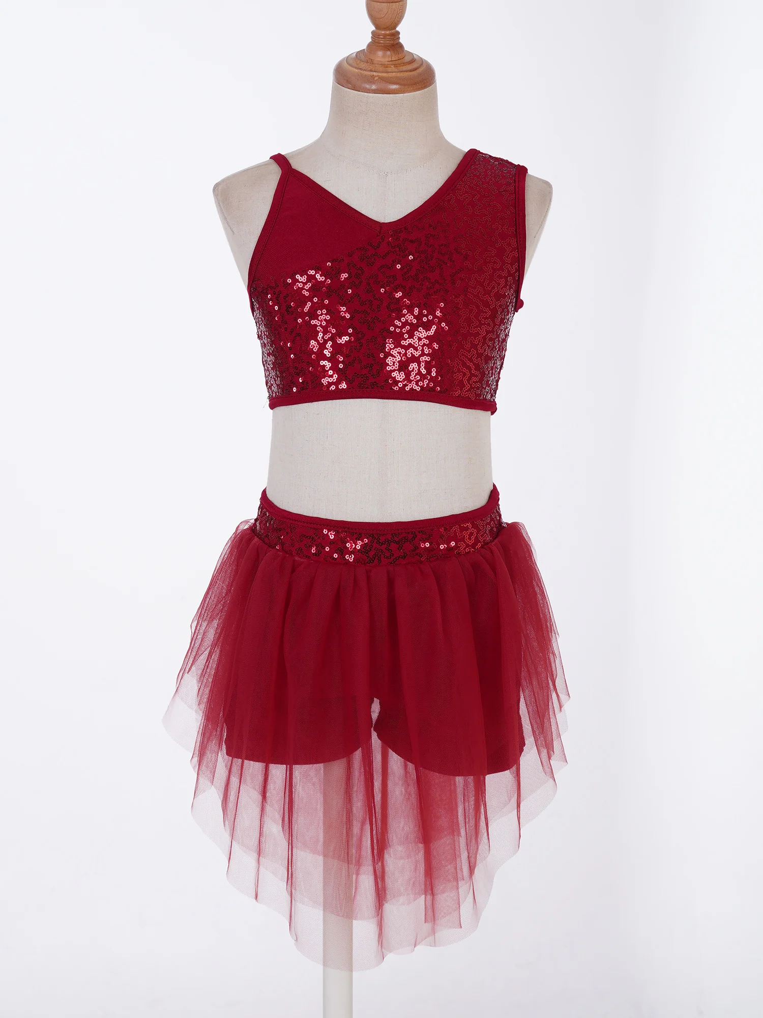 Kids Girls Shiny Dance Crop Top with Skirt Spaghetti V Neckline Sequins Stage Performance Ballet Dance Dress Dancewear