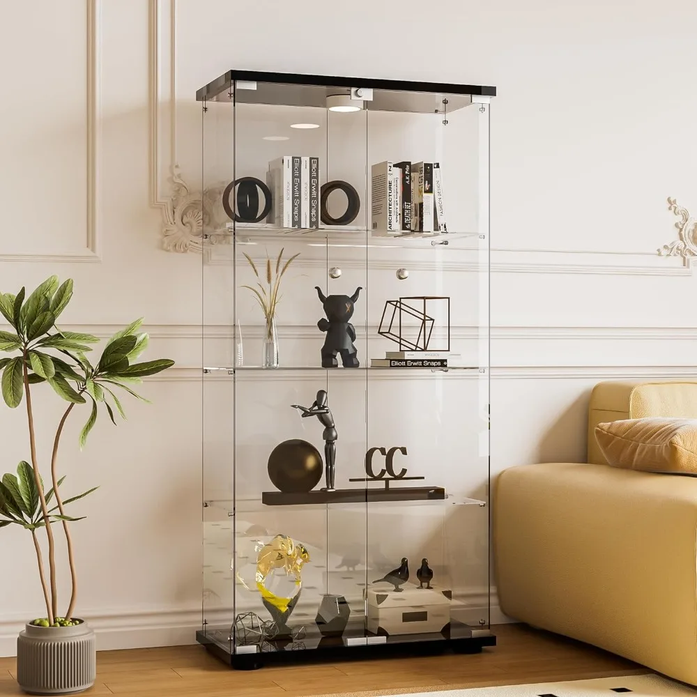 

4-Shelf Glass Display Cabinet, Glass Curio Cabinets with Double Doors, Black Glass Display Case Bookshelf Display Case