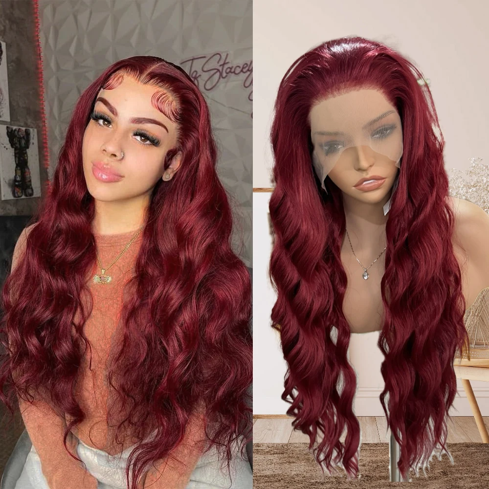 

Burgundy Wig Synthetic Lace Front Wigs For Women Lace Wig Reddy To Wear Long Body Wave Synthetic Hair Water Wave Lace Wig
