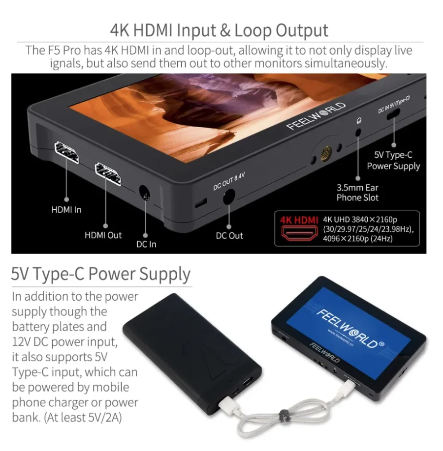 FEELWORLD F5 Pro V4 6 Inch 3D LUT 4K HDMI Touch Screen DSLR Camera Field Monitor Power Output F970 Install and Power Kit