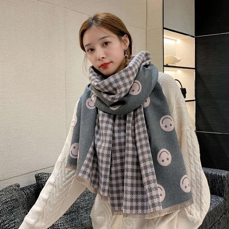 Luxury Winter Warm Women's Wool Knitted Thick Double-Sided Smiley Face  Cashmere Scarf Pashmina Shawl Lady Scarves and Shawls - AliExpress