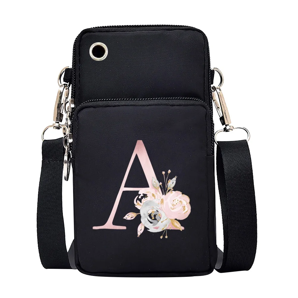 Waterproof Mobile Phone Bag for Iphone/huawei/xiaomi/samsung Universal Pink Flower 26 Letters Cell Phone Case Women Wrist Pack