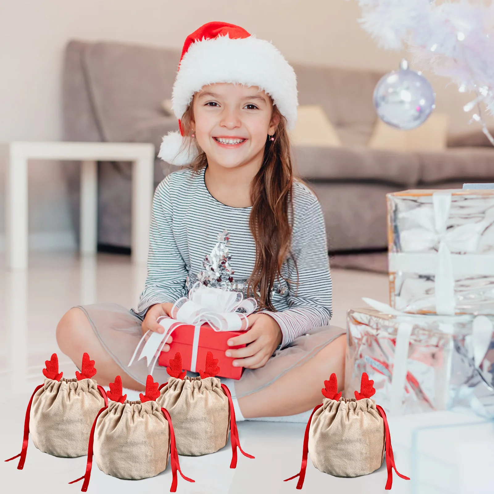 5/10 Christmas Reindeer Drawstring Gift Bag Reusable Velvet Santa Claus Candy Gift Bag Party Decoration velvet gift bags christmas gift bags gift bags christmas candy packaging