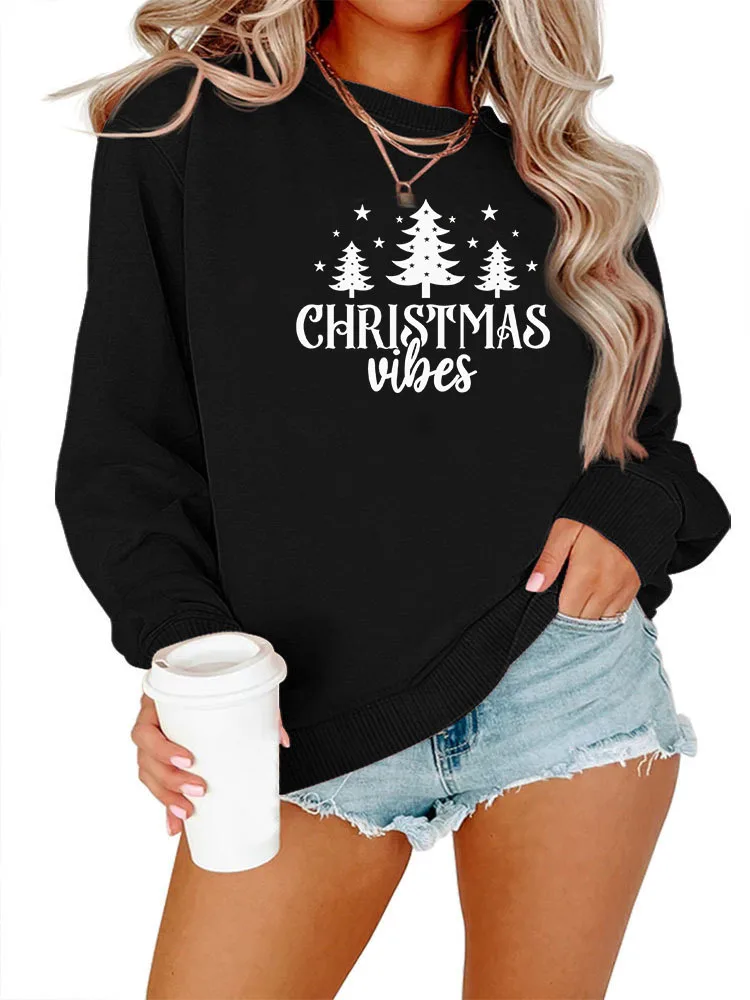 Tree printed Pullover loose fashion long sleeved shirt for women Solid Color Printed Sweater Christmas Elements Loose Fit 20pcs christmas elements cards blessing cards festival greeting cards random color