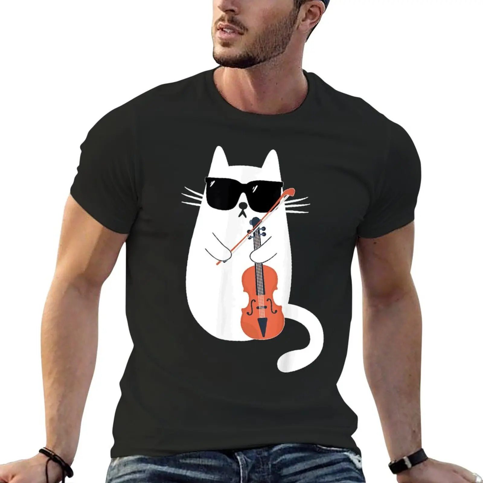 

New Funny Cat Wearing Sunglasses Playing Violin Viola Musician T-Shirt Short sleeve t shirts for men cotton