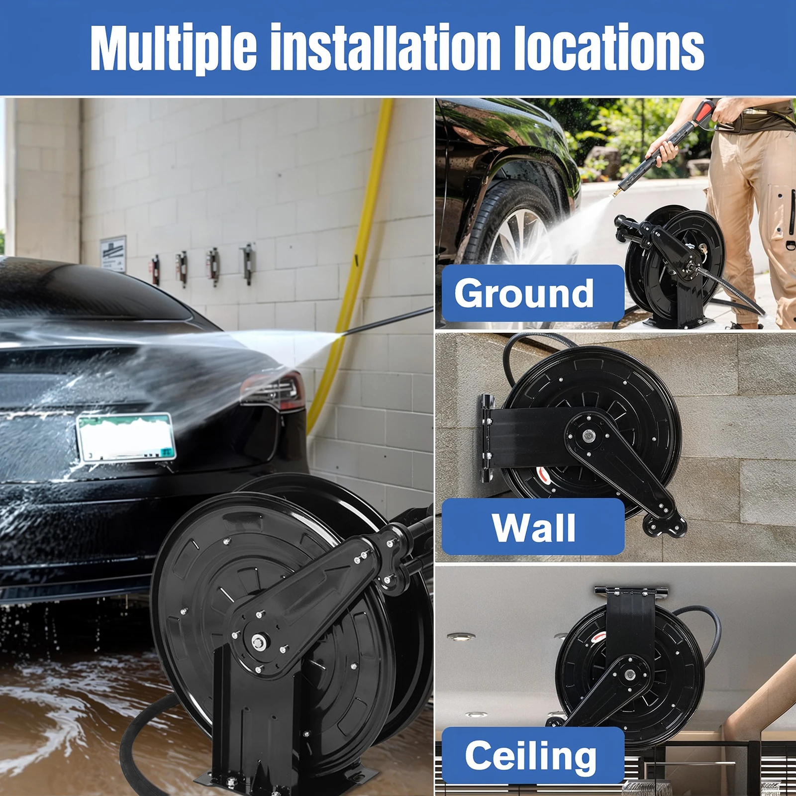 Pressure Washer Reel Retractable Heavy Duty Hose Reel Auto Rewind Power Washer Hose Reel for Water/Air/Oil 4000 PSI