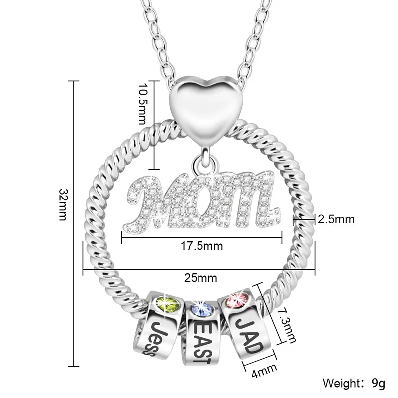 Diamond MOM Round Threaded Necklace for Women Custom Name and Birthstone Beaded Pendant 6 Names Copper Necklaces Family Gifts