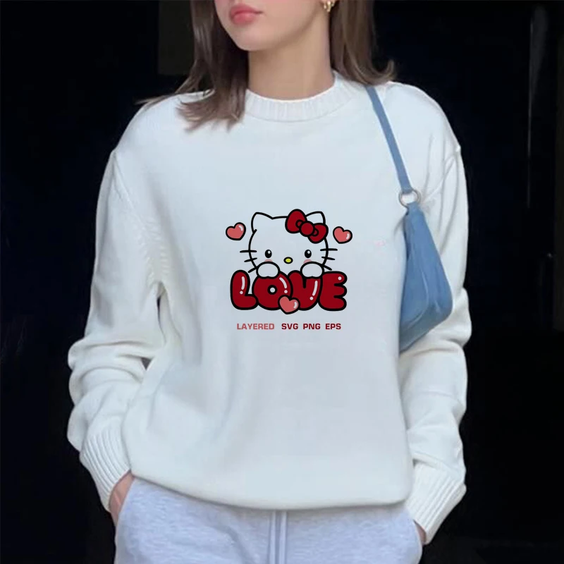 Sanrio Hello Kitty Print Knitted Pullovers For Female Round Neck Kawaii Anime Harajuku Knitwear Clothes 2000s Top Women Pullover 3