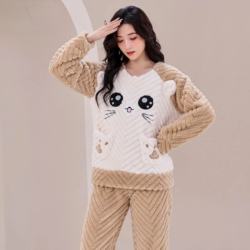 Brand Print Autumn Winter Warm Sleepwear Sets Women Pajamas Pajamas Set Large Size Pajamas Korean Hooded Zipper Pocket Thick