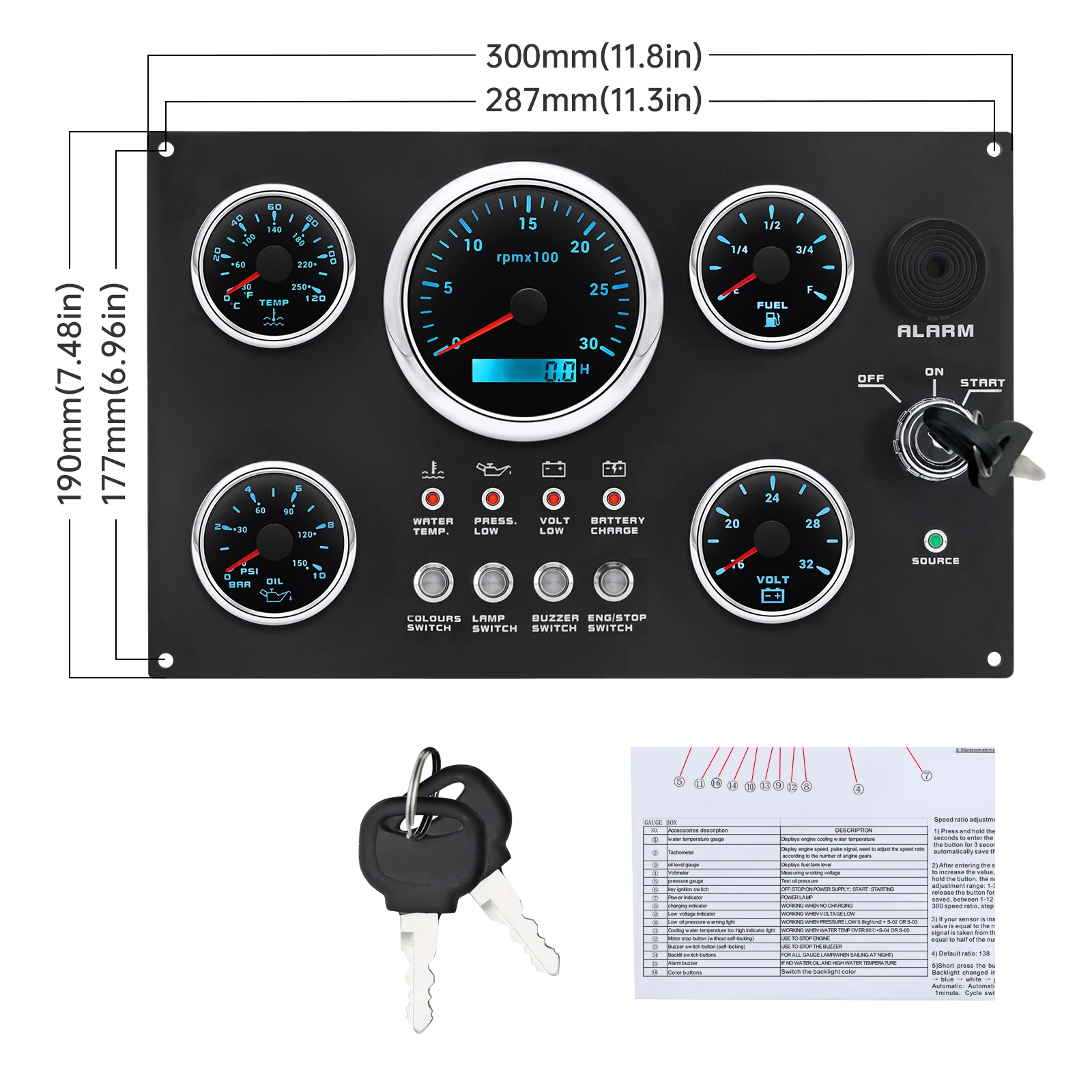 Marine Diesel Engine Dashboard with 85MM Tachometer Oil Pressure Water Temp Fuel Level 5 Gauges 7 Colors Backlight 12V /24V