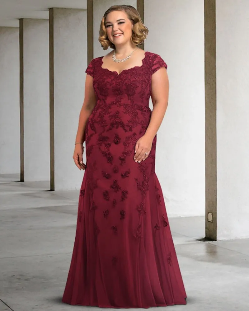 

Burgundy Mother of the Bride Dress Plus Size Scoop Floor Length Lace Tulle Sleeveless Guest Party Gowns New Robe De Soiree