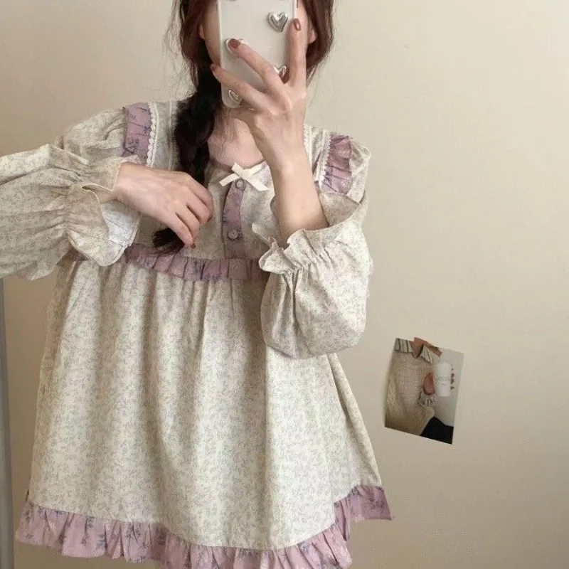 2024 New Spring Autumn Sleepwear Sweet Lace Retro Shivering Pajamas Women Loose Long Sleeved Pants Homewear Pullover Loungewear