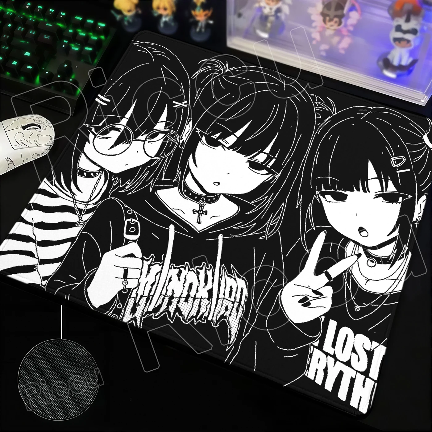 Monochrome Pixel Aesthetic Gaming Mouse Pad with Anime Design - Non-Slip Rubber Desk Mat for E-Sports & Office Use