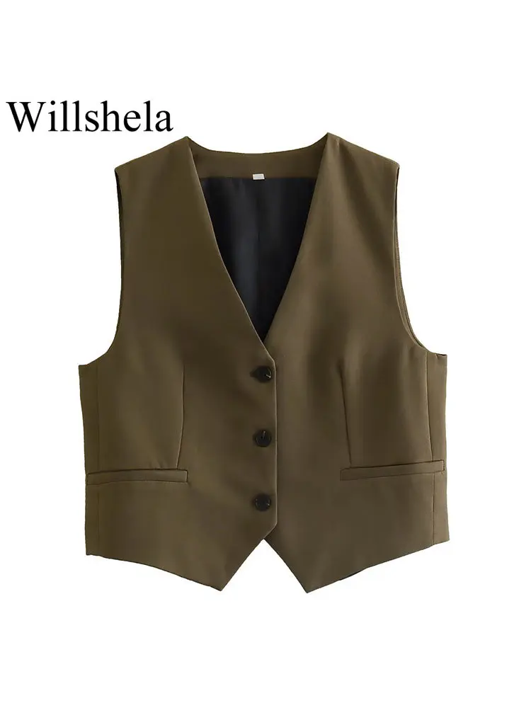 Willshela Women Fashion Brown Single Breasted Sleeveless Jacket Vintage