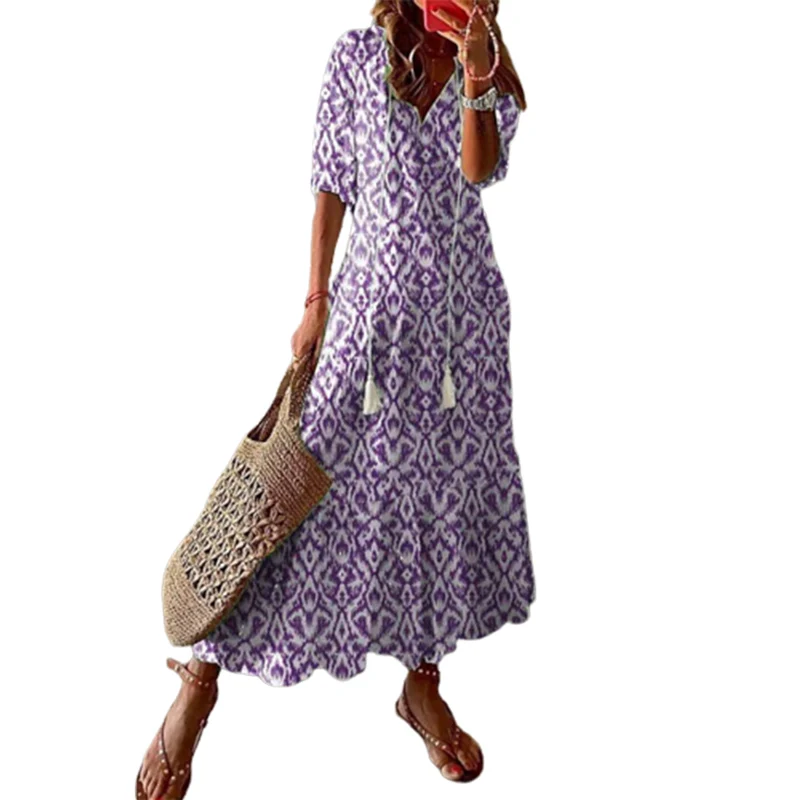 

Bohemian Print V Neck Pullover Dresses Female Summer Sweet Style Casual Holiday Gown Women's Half Sleeve Splicing Big Hem Dressy