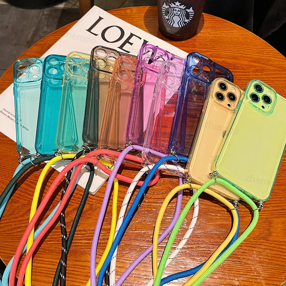 Crossbody Lanyard Transparent Phone Case For iPhone 13 12 11 Pro Max XS X XR SE 8 7 Plus Neck Strap Cord Candy Colors Soft Cover best case for iphone 13 pro max