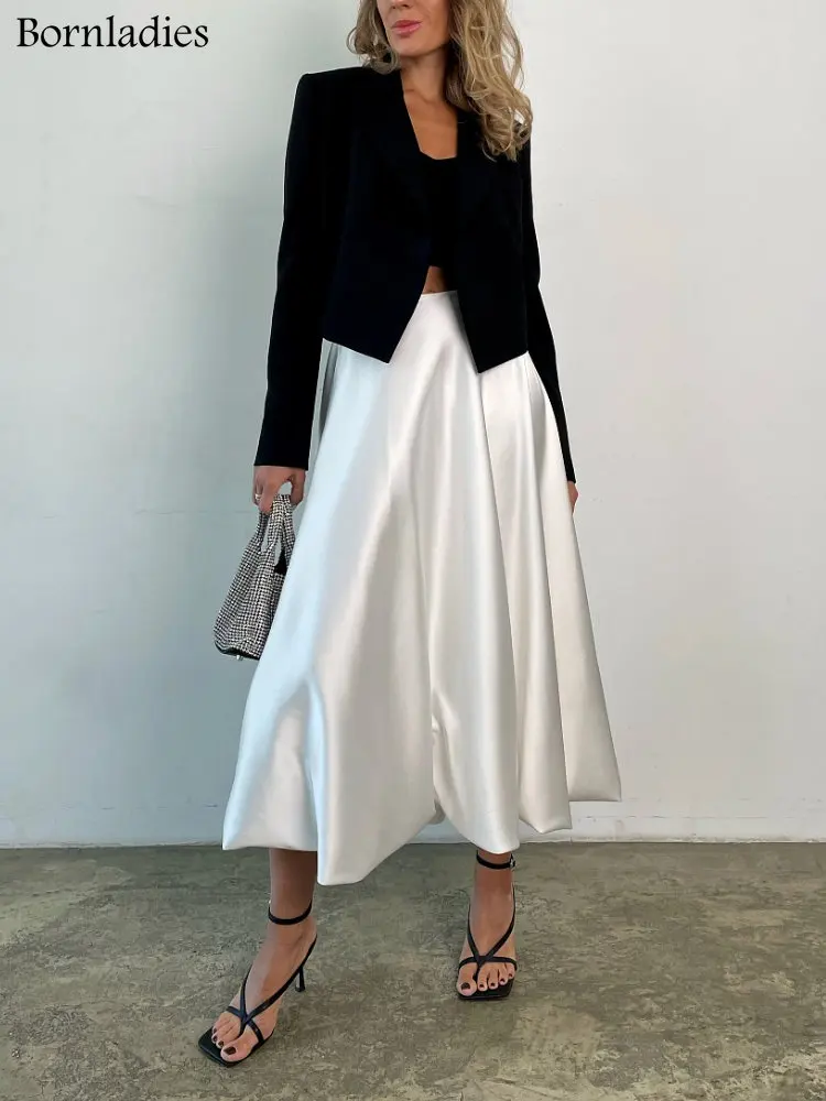 

Bornladies Fashion Beige Satin Balloon Skirts for Women High Waist Office Lady Ankle-Length Skirt Chic Loose Skirt Female Clothe