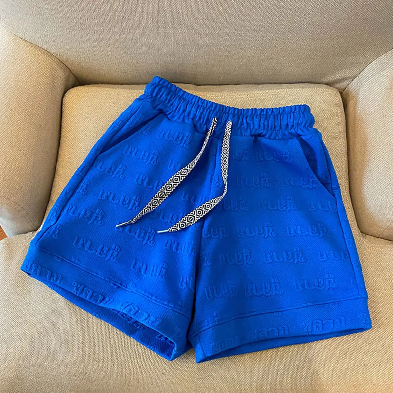 Summer New Lacing Elastic Waist Loose Shorts Solid Color Letter Printing All-match Wide Leg Pants Fashion Casual Women Clothing