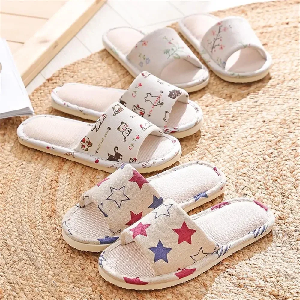 

0221 Women Home Slippers Indoor Floor Soft Couple Linen Slipper Floral Lightweight Unisex Bedroom Shoes Ladies Open Toe Flip Flo