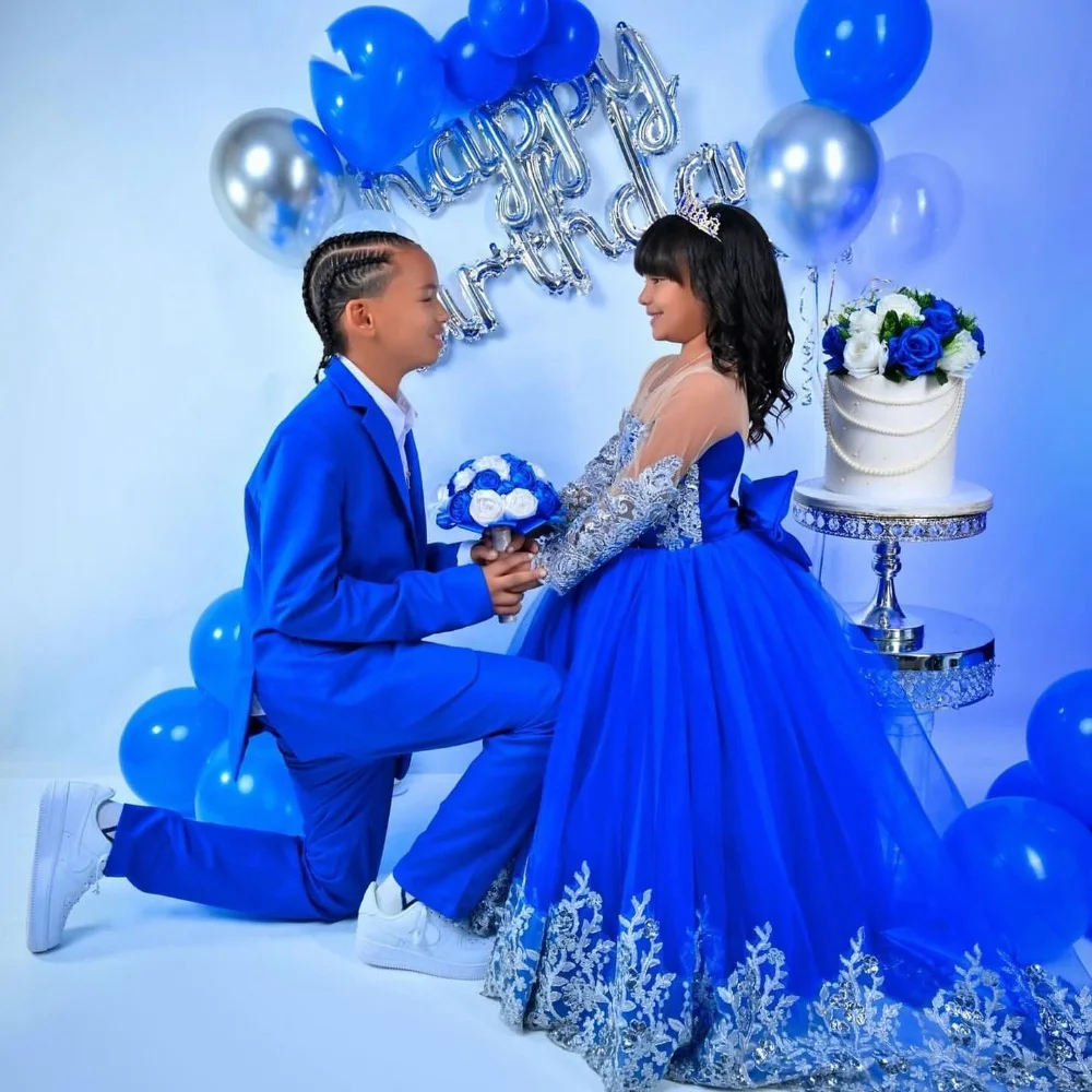 Customized Royal Blue Princess Flower Girl Dress for Wedding Lace Appliques Full Sleeve Baby Birthday Dress First Communion Gown 3