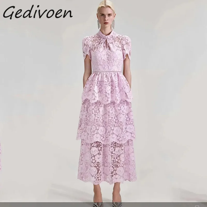 

Gedivoen Summer Fashion Designer Elegant Party Ruffles Dress Women Bow Tie Embroidery Hollow Out Diamond Ruched Pink Long Dress