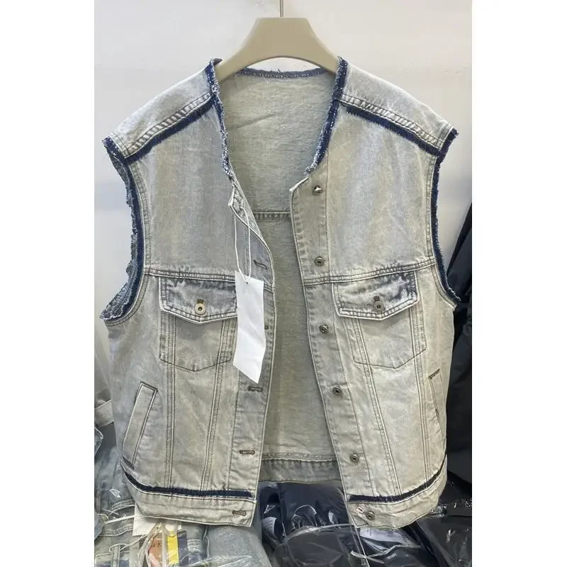Trendy Fashionable Color Block Round Neck Beard Edge Distressed Vintage Denim Vest Women's Shoulder Vest Versatile Jacket