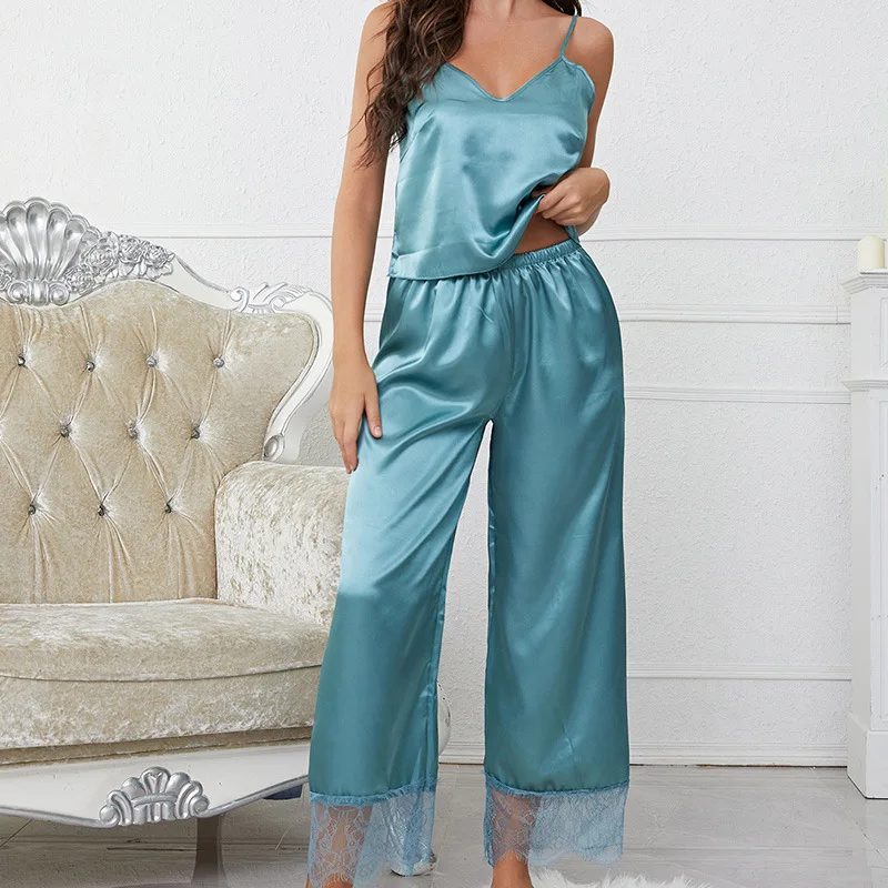 

Newest Solid Colors Loungewear Women Wide-Leg Pants with Sling Tops Lace Design Pajamas Homewear Women's Sleeping Satin Clothes