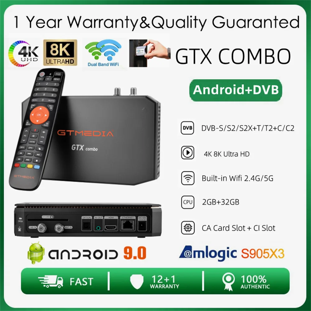 

GTMEDIA GTX Combo Satellite Receiver Android9.0+DVB-S/S2/S2X+T/T2+C/C2+ATSC-T+ISDBT+CI Plus+HDD,2GB+32GB Decoder/Set Top Box