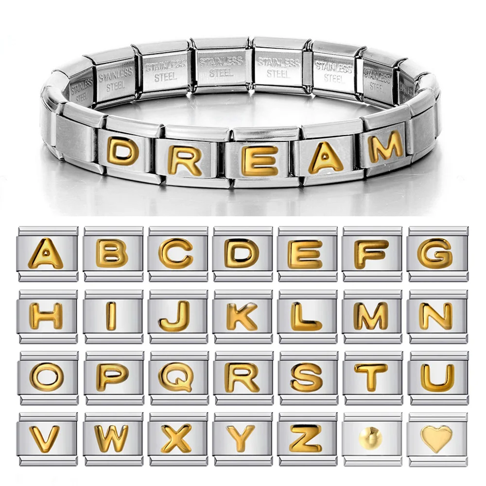 Elegant Stainless Steel Italian Charm Links for Personalized Bracelet Making - 26 Letter Set