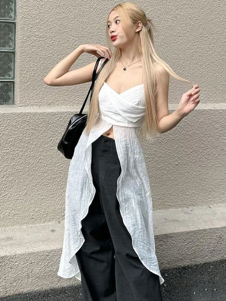 

HOUZHOU Beach Vacation Sexy Long Camis Women Korean Fashion Casual Ruffle High Waist Solid Kpop Long Tees Tops Summer 2024 Y2k