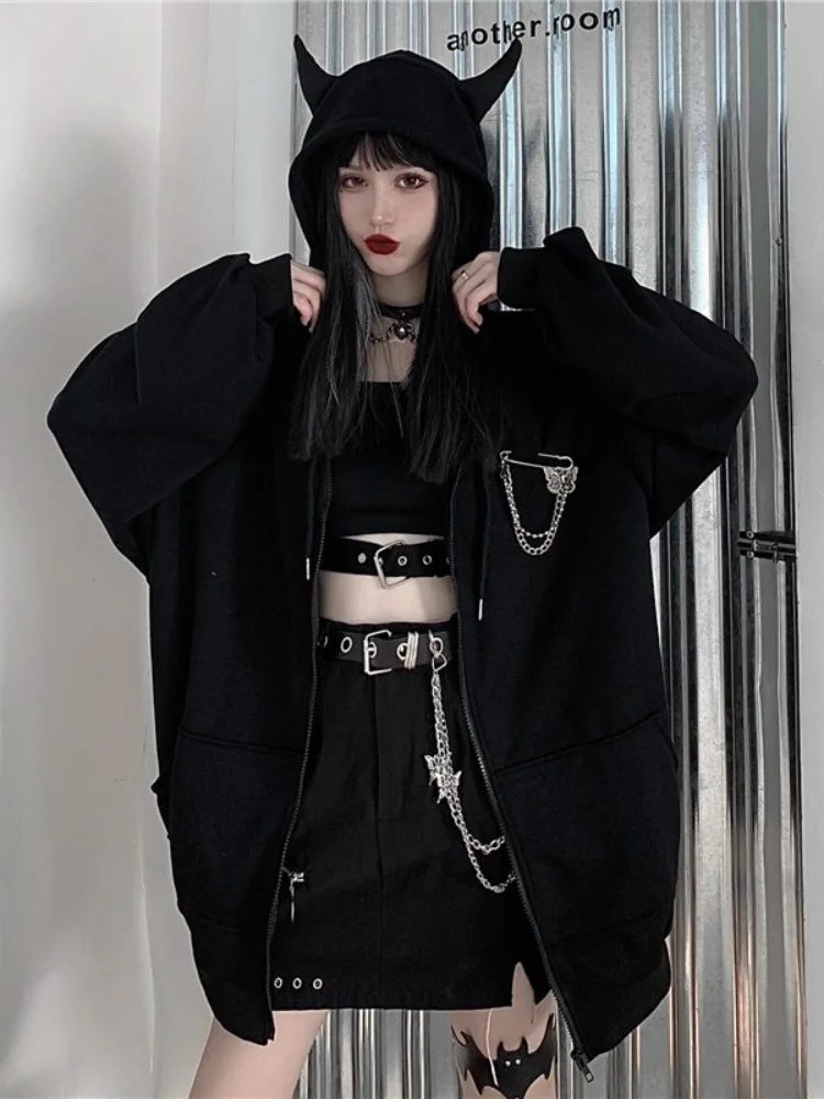 

Adagirl Black Demon Zip Up Hoodies Oversized Harajuku Streetwear Devil Sweatshirts for Women Gothic Grunge Hip Hop Clothes New