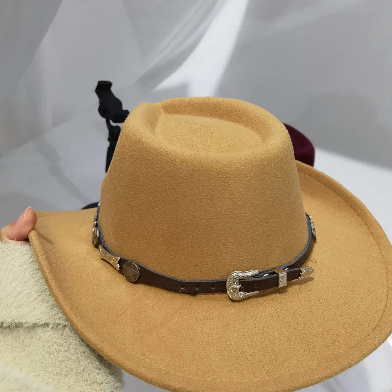 Western Cowboy Hat Panama Hats for Women Fedoras Accessories Cow Leather  Belt Vintage Jazz Coffee Winter Women Hat Chapeau Femme